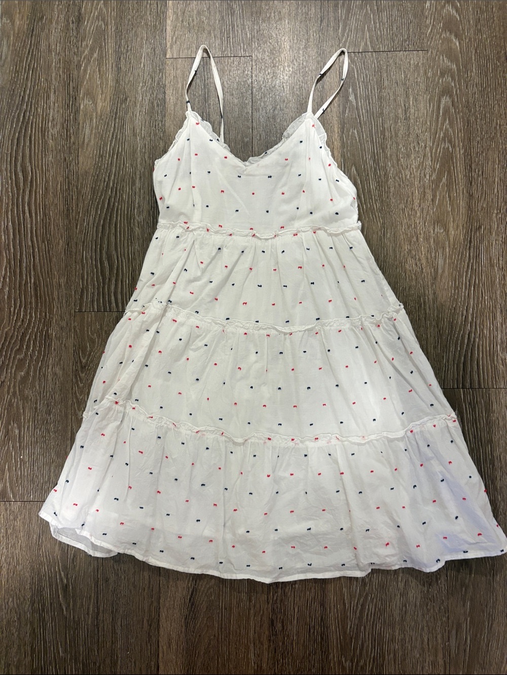 White Tiered Spaghetti-Strap Mini Dress with Red & Navy Dots